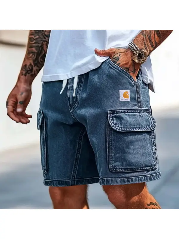 Men's Cargo Shorts Vintage Denim Washed Distressed Multi-Pocket Casual Surf Blue Walkshort - Anrider.com 