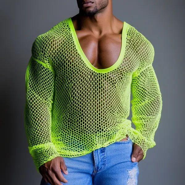 Men's Casual Round Neck Super Stretch Large Stretch Comfortable Mesh Long Sleeve T-Shirt Beach Fishnet See-through Top - Ootdcowboys.com 