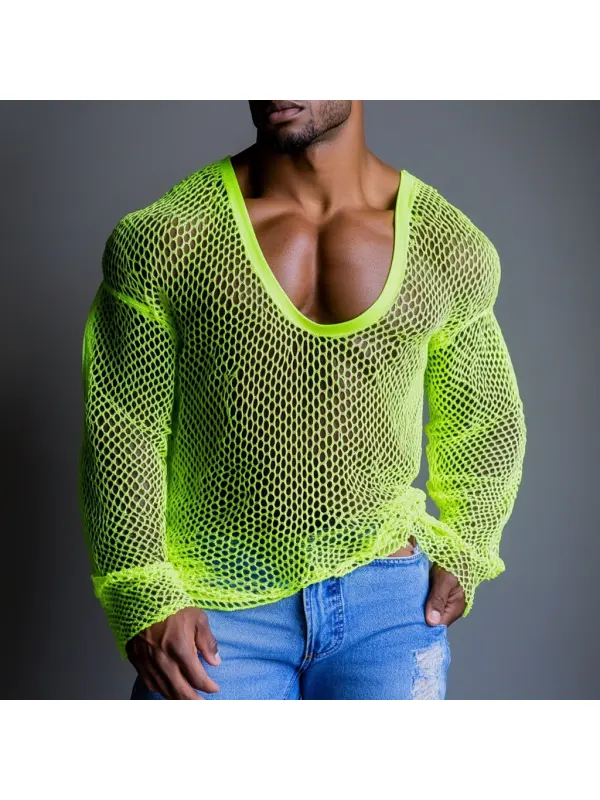 Men's Casual Round Neck Super Stretch Large Stretch Comfortable Mesh Long Sleeve T-Shirt Beach Fishnet See-through Top - Ootdmw.com 