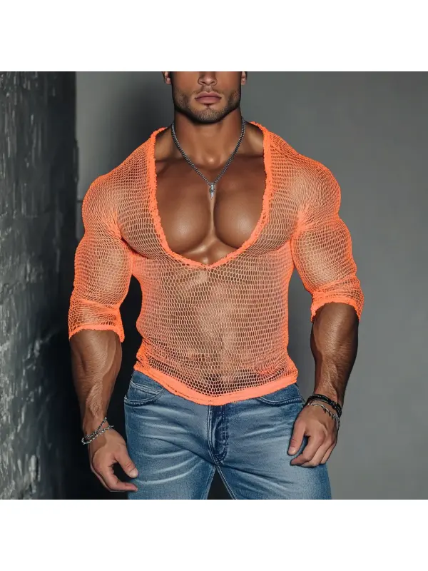 Men's Casual V-neck Super Stretch Large Stretch Comfortable Mesh Long Sleeve T-shirt Beach Fishnet See-through Top Sexy - Ootdmw.com 