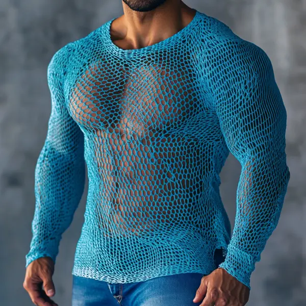 Men's Casual Round Neck Super Stretch Large Stretch Comfortable Mesh Long Sleeve T-Shirt Beach Fishnet See-through Top - Ootdcowboys.com 