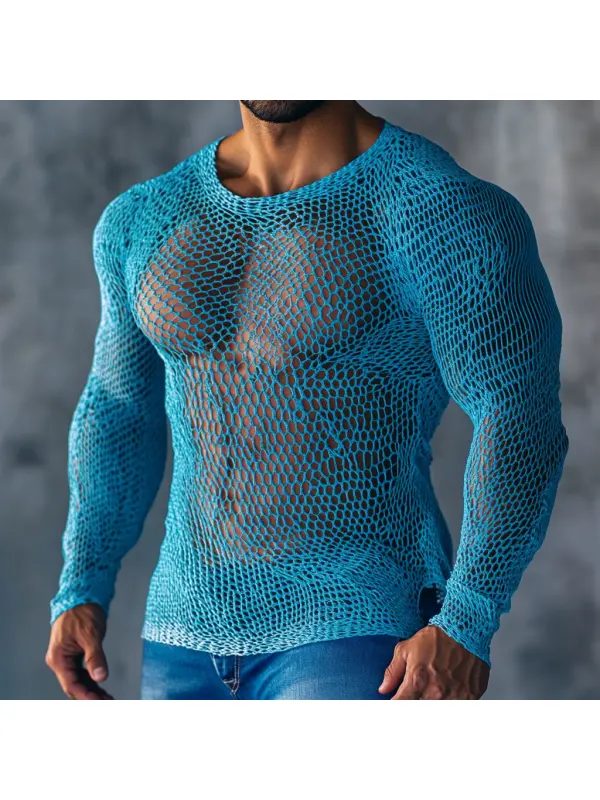 Men's Casual Round Neck Super Stretch Large Stretch Comfortable Mesh Long Sleeve T-Shirt Beach Fishnet See-through Top - Ootdmw.com 