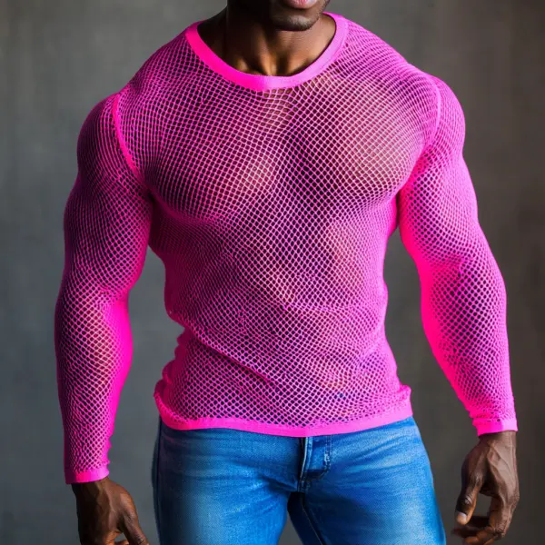 Men's Casual Round Neck Super Stretch Large Stretch Comfortable Mesh Long Sleeve T-Shirt Beach Fishnet See-through Top - Ootdcowboys.com 