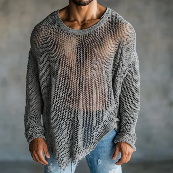 Men's Casual Round Neck Super Stretch Large Stretch Comfortable Mesh Long Sleeve T-Shirt Beach Fishnet See-through Top - Ootdyouth.com 