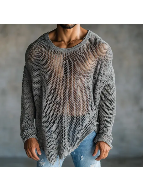 Men's Casual Round Neck Super Stretch Large Stretch Comfortable Mesh Long Sleeve T-Shirt Beach Fishnet See-through Top - Ootdmw.com 