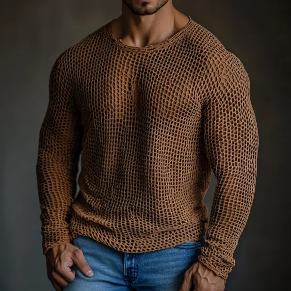 Men's Casual Round Neck Super Stretch Large Stretch Comfortable Mesh Long Sleeve T-Shirt Beach Fishnet See-through Top - Ootdcowboys.com 