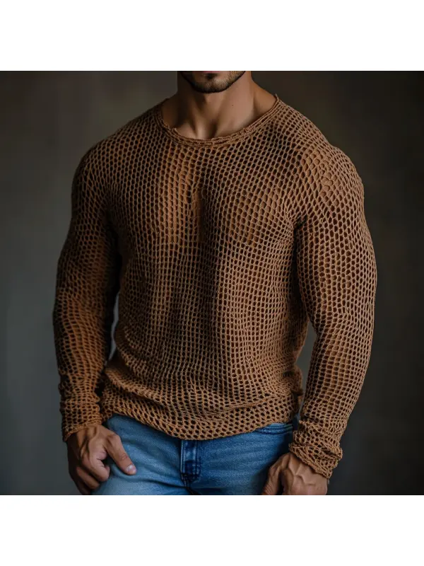 Men's Casual Round Neck Super Stretch Large Stretch Comfortable Mesh Long Sleeve T-Shirt Beach Fishnet See-through Top - Frontiercool.com 