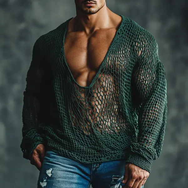Men's Casual Round Neck Super Stretch Large Stretch Comfortable Mesh Long Sleeve T-Shirt Beach Fishnet See-through Top - Ootdcowboys.com 