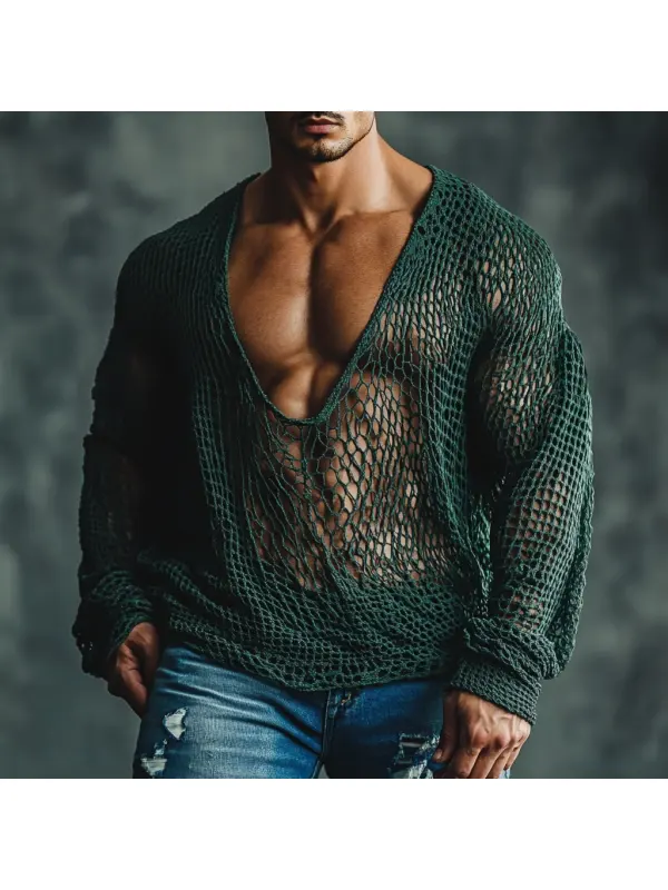 Men's Casual Round Neck Super Stretch Large Stretch Comfortable Mesh Long Sleeve T-Shirt Beach Fishnet See-through Top - Frontiercool.com 