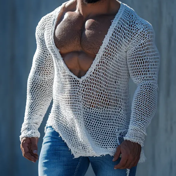 Men's Casual V-neck Super Stretch Large Stretch Comfortable Mesh Long Sleeve T-shirt Beach Fishnet See-through Top Sexy - Ootdcowboys.com 
