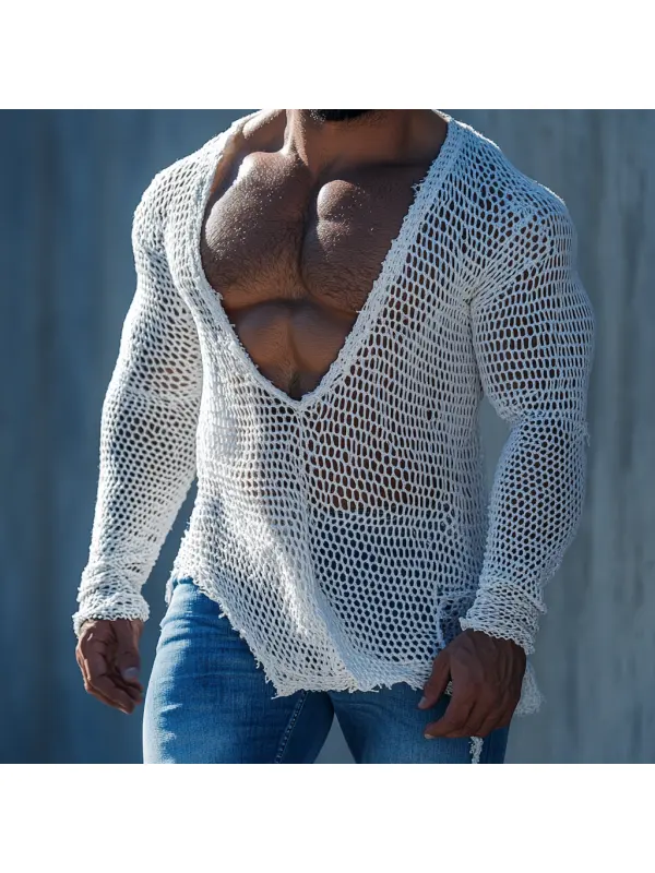 Men's Casual V-neck Super Stretch Large Stretch Comfortable Mesh Long Sleeve T-shirt Beach Fishnet See-through Top Sexy - Ootdmw.com 