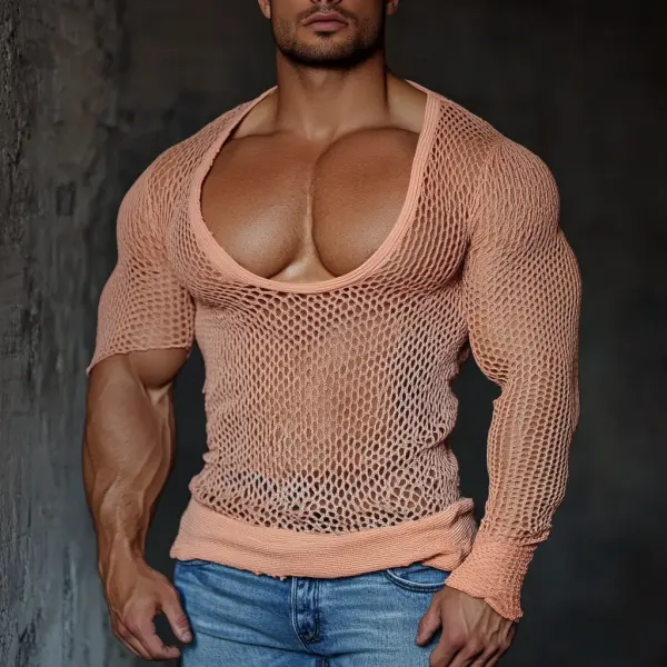 Men's Casual Round Neck Super Stretch Large Stretch Comfortable Mesh Long Sleeve T-Shirt Beach Fishnet See-through Top - Ootdcowboys.com 