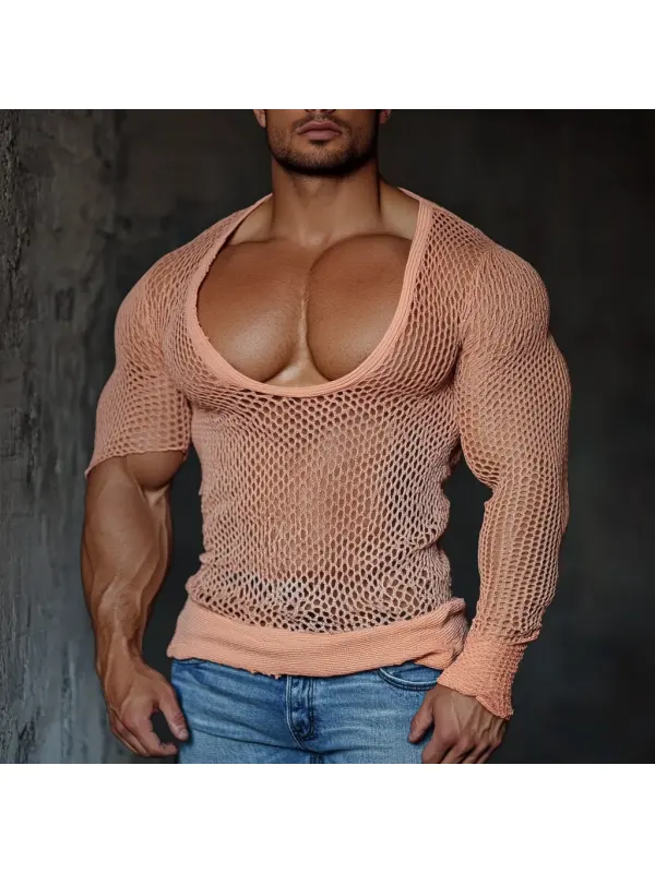 Men's Casual Round Neck Super Stretch Large Stretch Comfortable Mesh Long Sleeve T-Shirt Beach Fishnet See-through Top - Ootdmw.com 