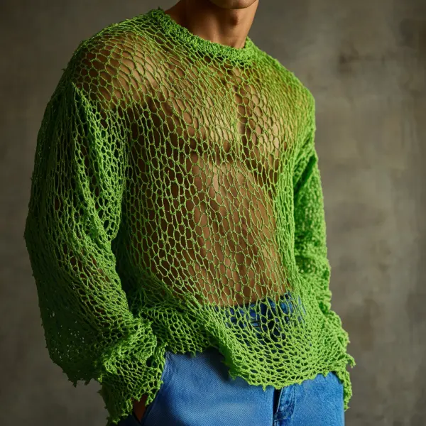 Men's Casual Round Neck Super Stretch Large Stretch Comfortable Mesh Long Sleeve T-Shirt Beach Fishnet See-through Top - Ootdcowboys.com 