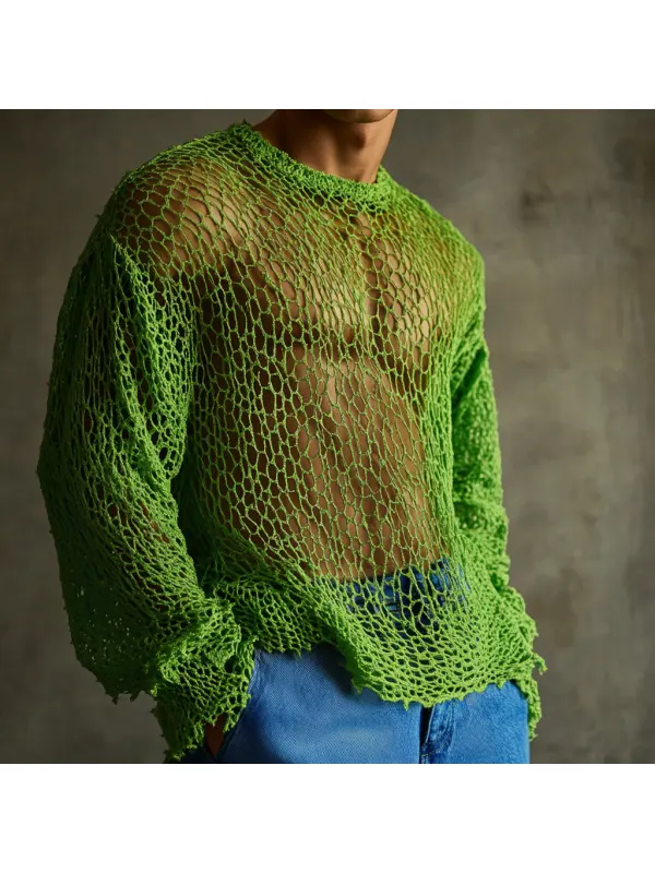 Men's Casual Round Neck Super Stretch Large Stretch Comfortable Mesh Long Sleeve T-Shirt Beach Fishnet See-through Top - Ootdmw.com 