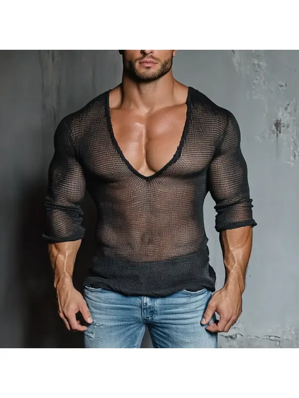 Men's Casual V-neck Super Stretch Large Stretch Comfortable Mesh Long Sleeve T-shirt Beach Fishnet See-through Top Sexy - Frontiercool.com 