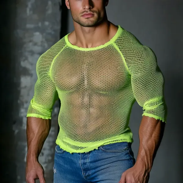 Men's Casual Round Neck Super Stretch Large Stretch Comfortable Mesh Long Sleeve T-Shirt Beach Fishnet See-through Top - Ootdcowboys.com 