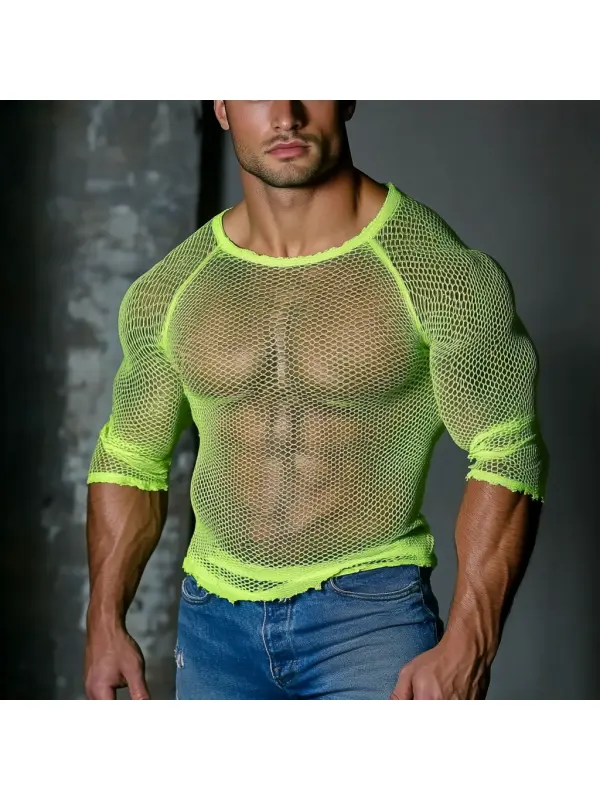 Men's Casual Round Neck Super Stretch Large Stretch Comfortable Mesh Long Sleeve T-Shirt Beach Fishnet See-through Top - Ootdmw.com 