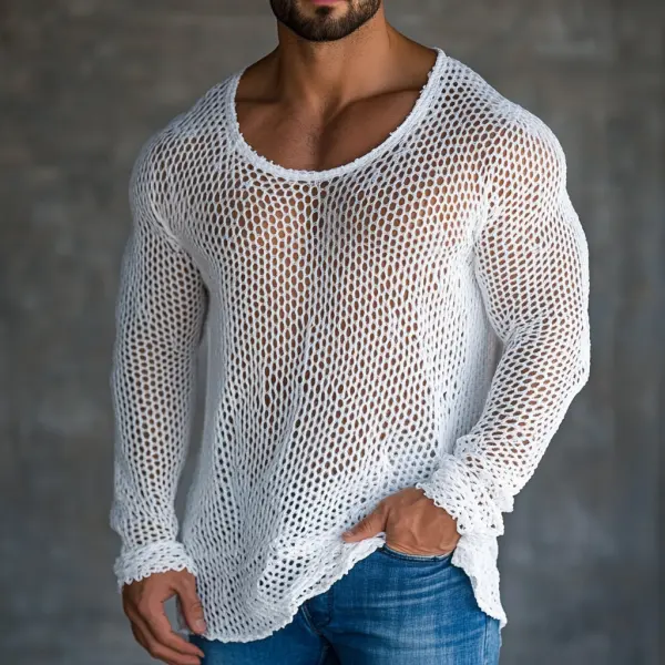Men's Casual Round Neck Super Stretch Large Stretch Comfortable Mesh Long Sleeve T-Shirt Beach Fishnet See-through Top - Ootdcowboys.com 