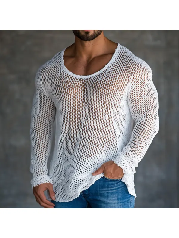 Men's Casual Round Neck Super Stretch Large Stretch Comfortable Mesh Long Sleeve T-Shirt Beach Fishnet See-through Top - Ootdmw.com 