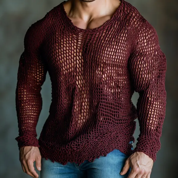 Men's Casual Round Neck Super Stretch Large Stretch Comfortable Mesh Long Sleeve T-Shirt Beach Fishnet See-through Top - Ootdcowboys.com 