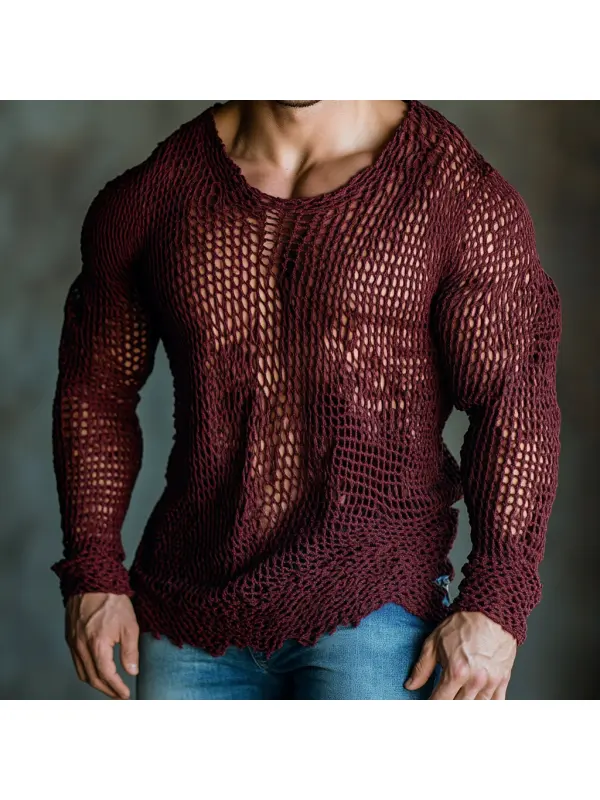 Men's Casual Round Neck Super Stretch Large Stretch Comfortable Mesh Long Sleeve T-Shirt Beach Fishnet See-through Top - Anrider.com 