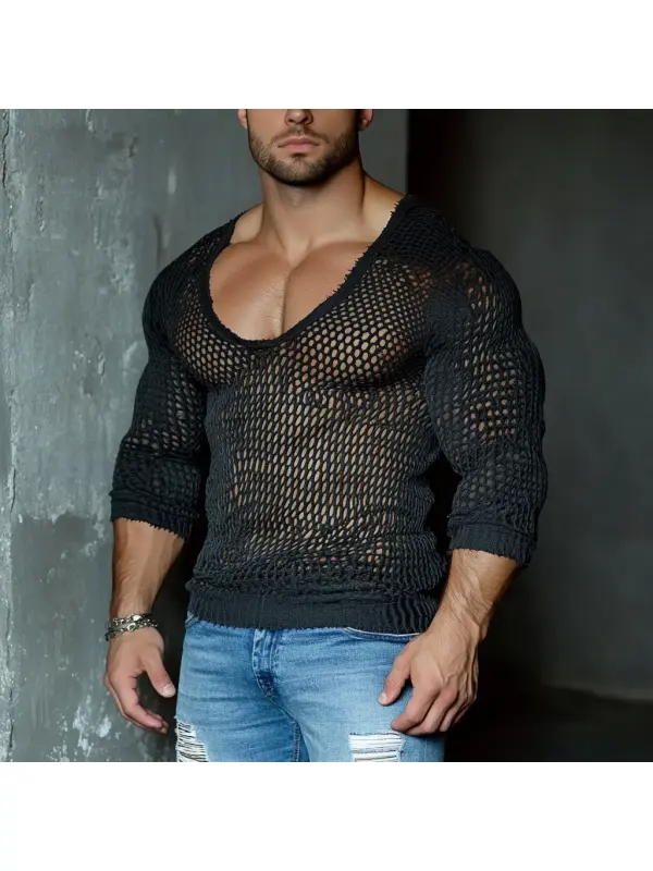 Men's Casual Round Neck Super Stretch Large Stretch Comfortable Mesh Long Sleeve T-Shirt Beach Fishnet See-through Top - Ootdmw.com 