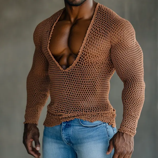 Men's Casual V-neck Super Stretch Large Stretch Comfortable Mesh Long Sleeve T-shirt Beach Fishnet See-through Top Sexy - Ootdcowboys.com 