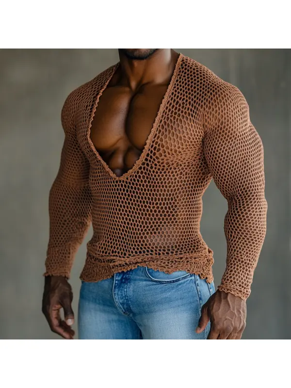 Men's Casual V-neck Super Stretch Large Stretch Comfortable Mesh Long Sleeve T-shirt Beach Fishnet See-through Top Sexy - Frontiercool.com 