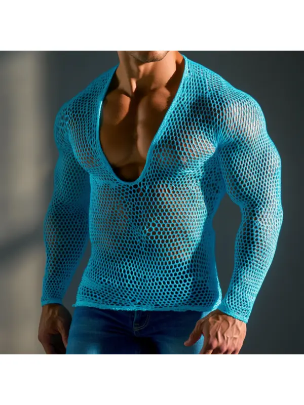 Men's Casual V-neck Super Stretch Large Stretch Comfortable Mesh Long Sleeve T-shirt Beach Fishnet See-through Top Sexy - Ootdmw.com 