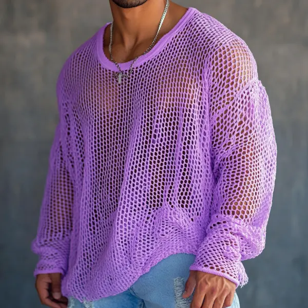 Men's Casual Round Neck Super Stretch Large Stretch Comfortable Mesh Long Sleeve T-Shirt Beach Fishnet See-through Top - Ootdyouth.com 