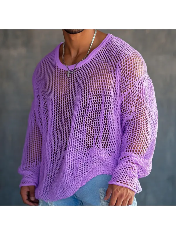 Men's Casual Round Neck Super Stretch Large Stretch Comfortable Mesh Long Sleeve T-Shirt Beach Fishnet See-through Top - Ootdmw.com 