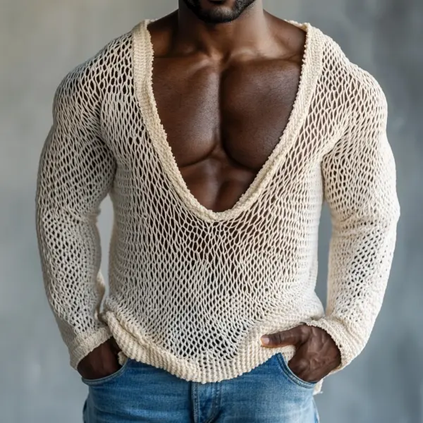 Men's Casual Round Neck Super Stretch Large Stretch Comfortable Mesh Long Sleeve T-Shirt Beach Fishnet See-through Top - Ootdcowboys.com 