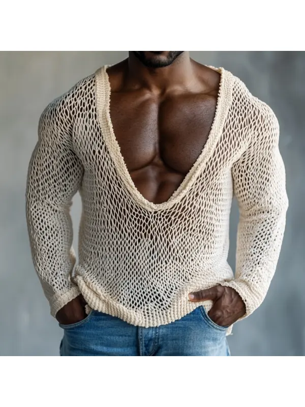 Men's Casual Round Neck Super Stretch Large Stretch Comfortable Mesh Long Sleeve T-Shirt Beach Fishnet See-through Top - Ootdmw.com 