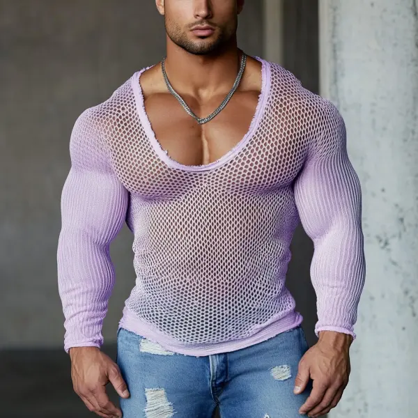 Men's Casual Round Neck Super Stretch Large Stretch Comfortable Mesh Long Sleeve T-Shirt Beach Fishnet See-through Top - Ootdyouth.com 