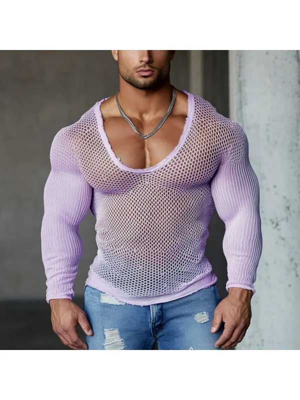 Men's Casual Round Neck Super Stretch Large Stretch Comfortable Mesh Long Sleeve T-Shirt Beach Fishnet See-through Top - Ootdmw.com 