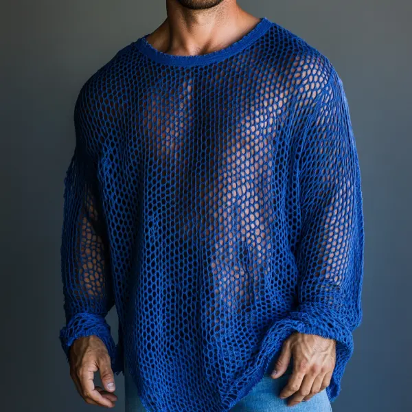 Men's Casual Round Neck Super Stretch Large Stretch Comfortable Mesh Long Sleeve T-Shirt Beach Fishnet See-through Top - Ootdcowboys.com 