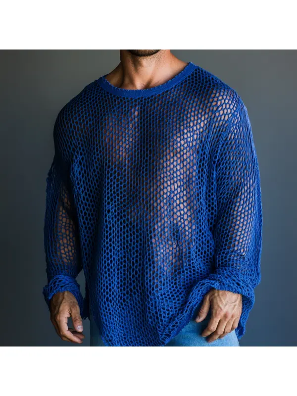 Men's Casual Round Neck Super Stretch Large Stretch Comfortable Mesh Long Sleeve T-Shirt Beach Fishnet See-through Top - Ootdmw.com 