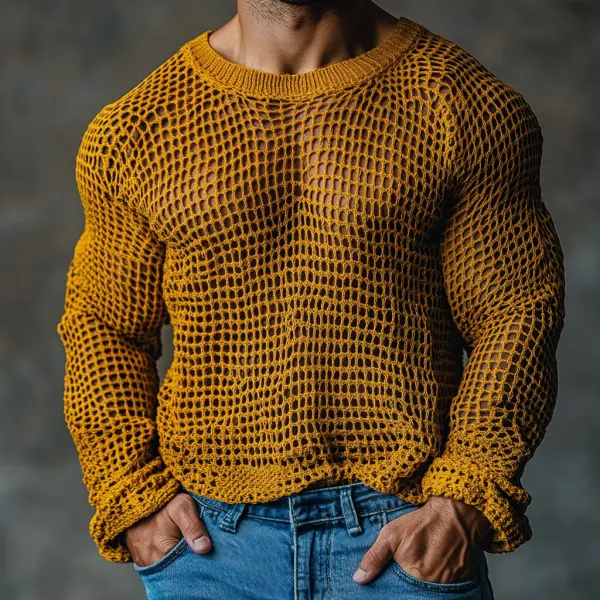 Men's Casual Round Neck Super Stretch Large Stretch Comfortable Mesh Long Sleeve T-Shirt Beach Fishnet See-through Top - Ootdcowboys.com 
