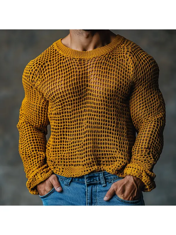 Men's Casual Round Neck Super Stretch Large Stretch Comfortable Mesh Long Sleeve T-Shirt Beach Fishnet See-through Top - Frontiercool.com 