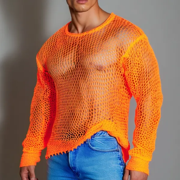 Men's Casual Round Neck Super Stretch Large Stretch Comfortable Mesh Long Sleeve T-Shirt Beach Fishnet See-through Top - Ootdcowboys.com 