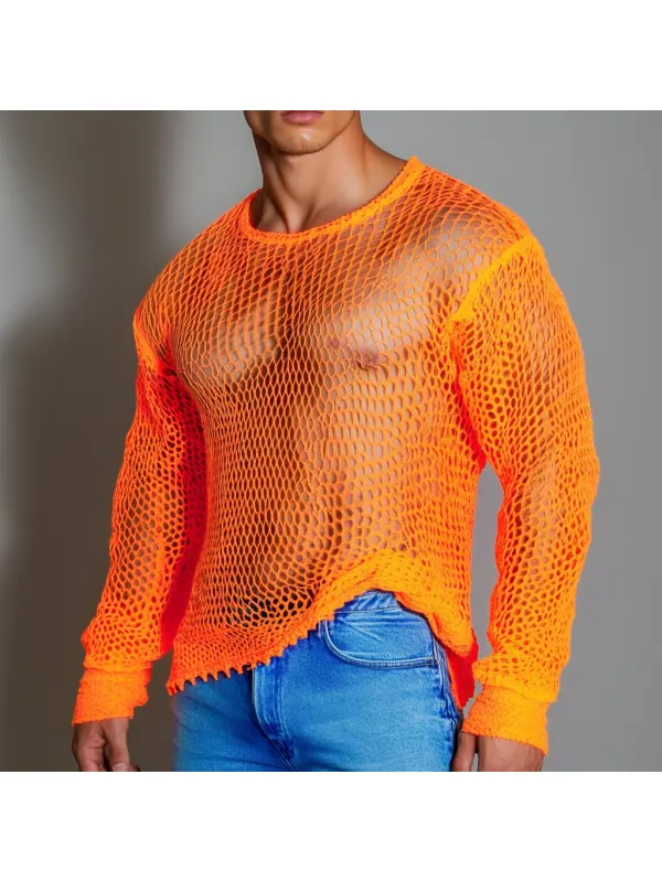 Men's Casual Round Neck Super Stretch Large Stretch Comfortable Mesh Long Sleeve T-Shirt Beach Fishnet See-through Top - Ootdmw.com 