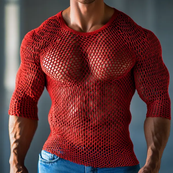 Men's Casual Round Neck Super Stretch Large Stretch Comfortable Mesh Long Sleeve T-Shirt Beach Fishnet See-through Top - Ootdyouth.com 