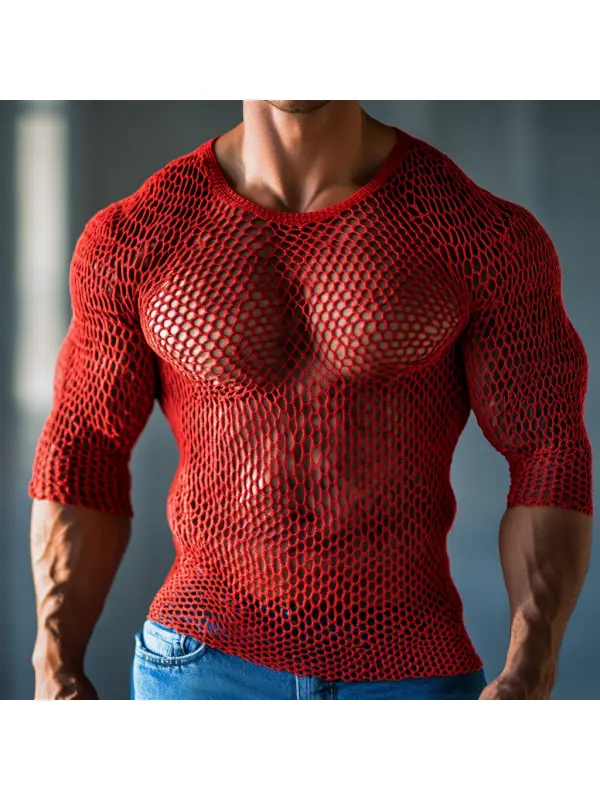 Men's Casual Round Neck Super Stretch Large Stretch Comfortable Mesh Long Sleeve T-Shirt Beach Fishnet See-through Top - Ootdmw.com 