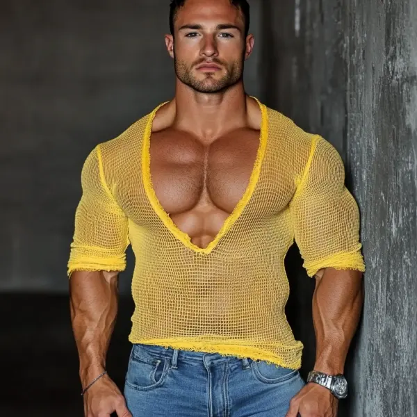 Men's Casual V-neck Super Stretch Large Stretch Comfortable Mesh Long Sleeve T-shirt Beach Fishnet See-through Top Sexy - Ootdcowboys.com 