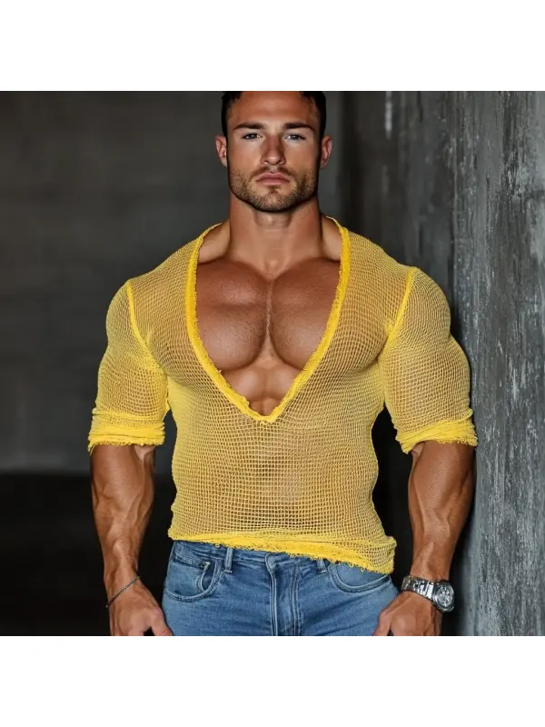Men's Casual V-neck Super Stretch Large Stretch Comfortable Mesh Long Sleeve T-shirt Beach Fishnet See-through Top Sexy - Ootdmw.com 
