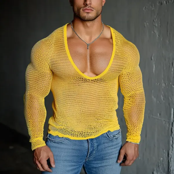 Men's Casual Round Neck Super Stretch Large Stretch Comfortable Mesh Long Sleeve T-Shirt Beach Fishnet See-through Top - Ootdyouth.com 