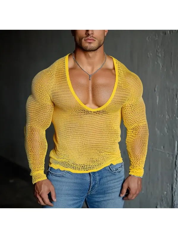 Men's Casual Round Neck Super Stretch Large Stretch Comfortable Mesh Long Sleeve T-Shirt Beach Fishnet See-through Top - Ootdmw.com 