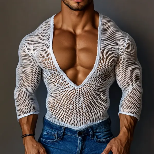 Men's Casual V-neck Super Stretch Large Stretch Comfortable Mesh Long Sleeve T-shirt Beach Fishnet See-through Top Sexy - Spiretime.com 