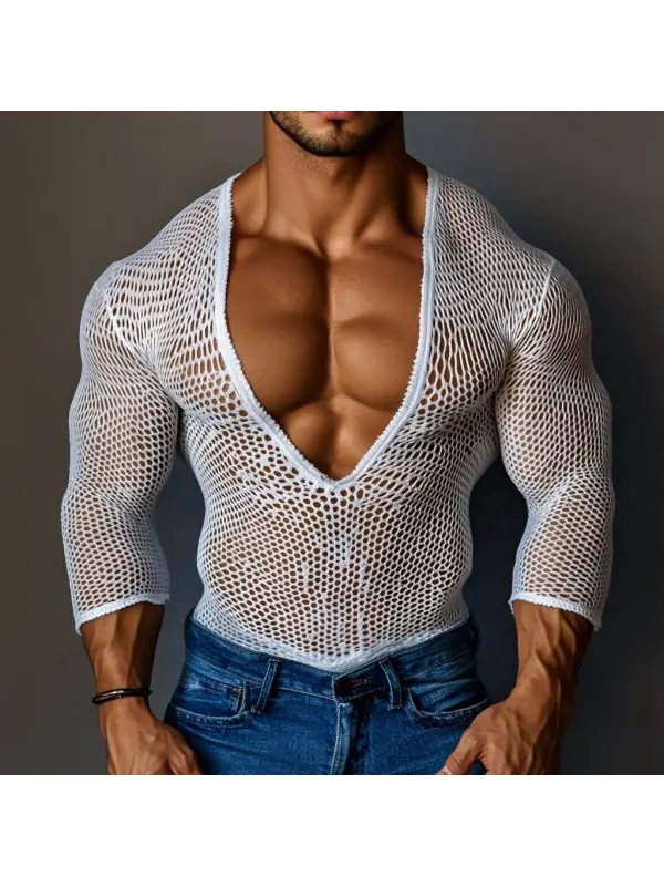 Men's Casual V-neck Super Stretch Large Stretch Comfortable Mesh Long Sleeve T-shirt Beach Fishnet See-through Top Sexy - Ootdmw.com 